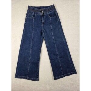 Vtg Y2K Wide Leg Cropped Jeans Womens M (26) Blue High Rise Button Stretch Denim